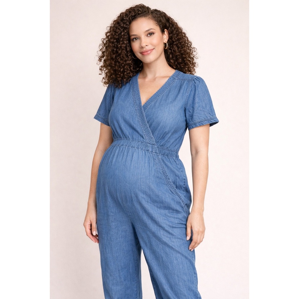 Gap Maternity Denim Surplice V-Neck Jumpsuit, Medium Wash Blue, Short Sleeve